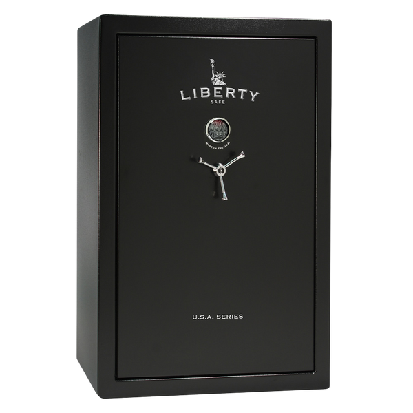 Liberty USA 50 gun safe, door closed, demonstrating the largest model in the series for extensive firearm collections.
