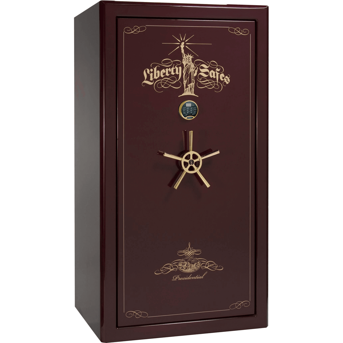 Presidential Series | Level 8 Security | 2.5 Hours Fire Protection | 40 | Dimensions: 66.5"(H) x 36.25"(W) x 27.75"(D*) | Burgundy Gloss | Gold Hardware | Electronic Lock