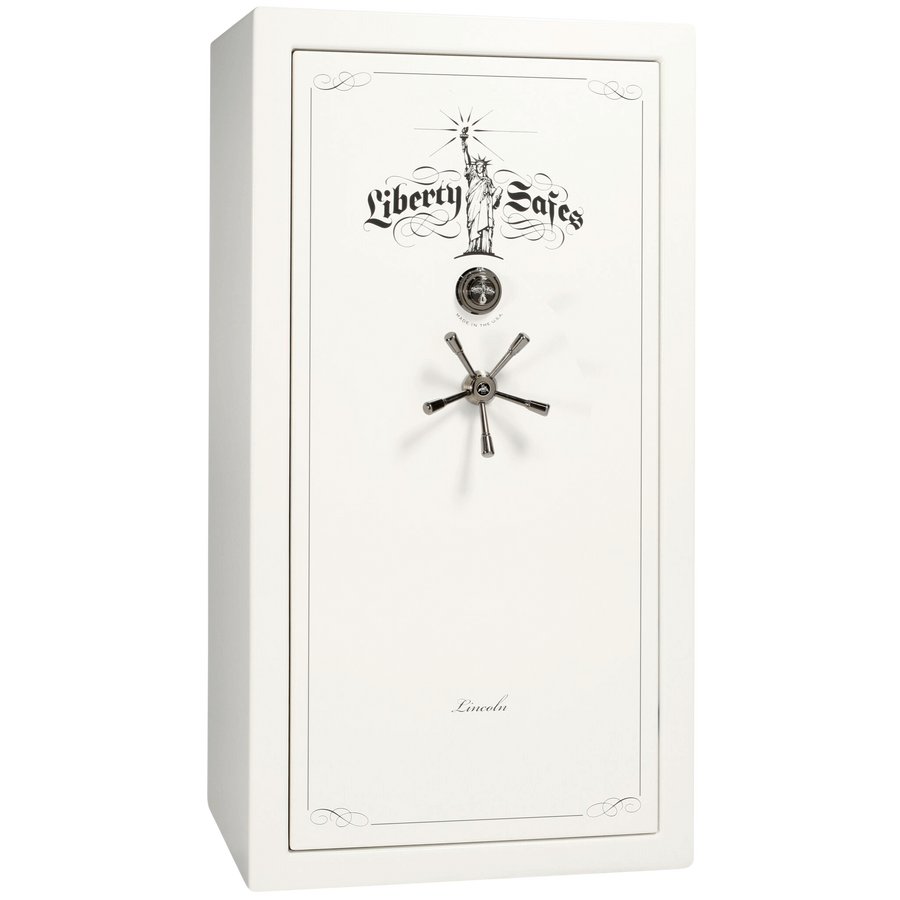 White safe with Liberty Safes logo and design on a white background