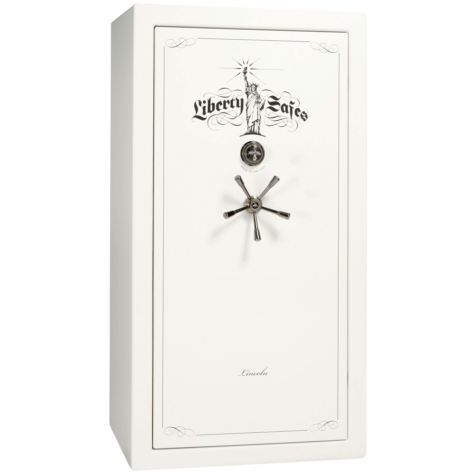 White safe with Liberty Safes logo and design on a white background