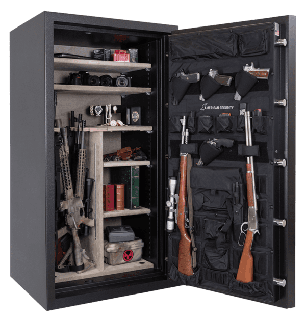 Open gun safe with various firearms and equipment inside