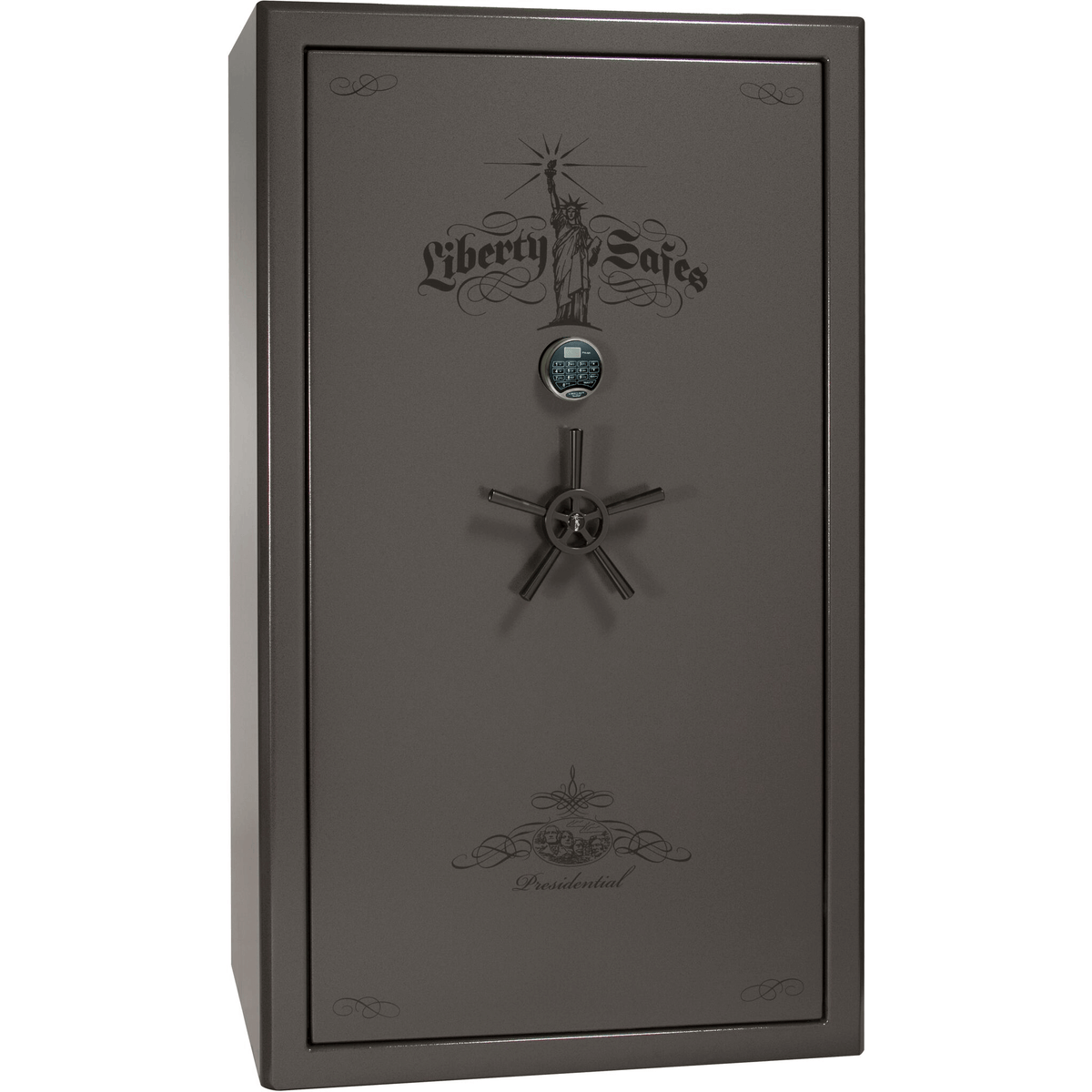 Presidential Series | Level 8 Security | 2.5 Hours Fire Protection | 50 | Dimensions: 72.5"(H) x 42.25"(W) x 27.75"(D*) | Gray Marble | Black Chrome Hardware | Electronic Lock
