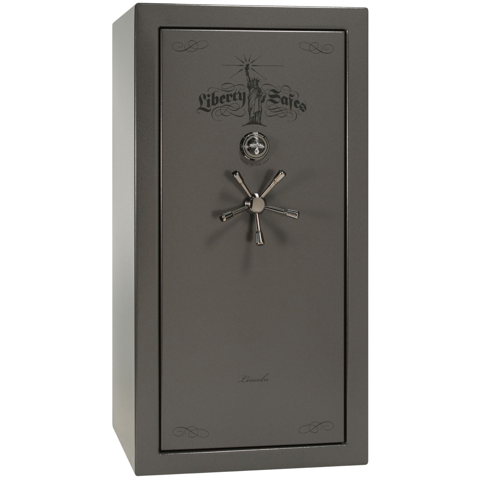 White safe with Liberty Safes logo and design on a white background