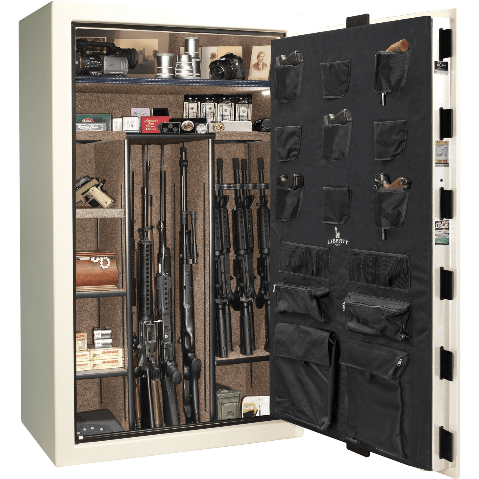 Colonial Series | Level 4 Security | 75 Minute Fire Protection | 50 | DIMENSIONS: 72.5"(H) X 42"(W) X 27.5"(D*) | White Gloss Black Chrome | Mechanical Lock