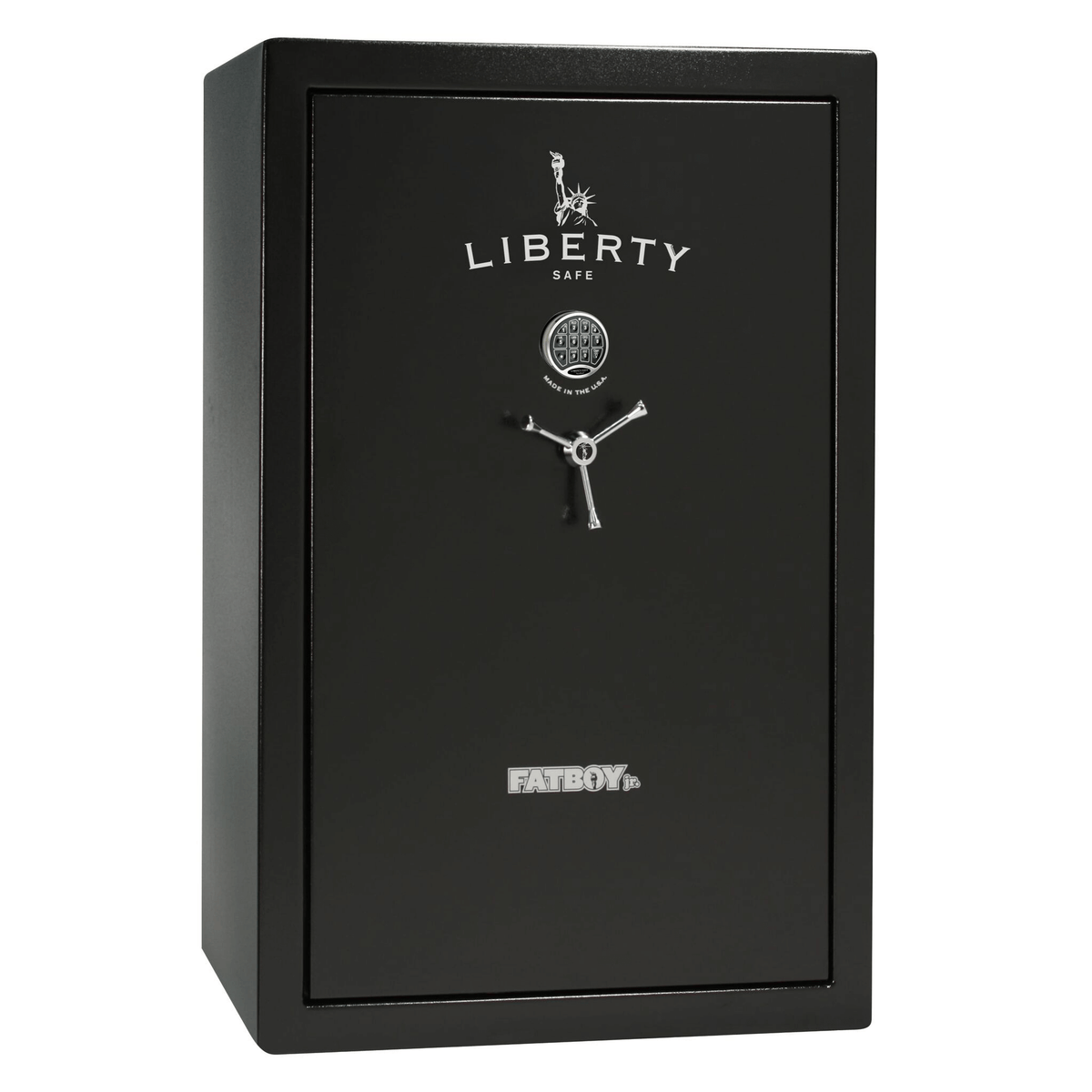 Liberty Fatboy Jr. gun safe in a black finish, door closed, illustrating a wide-body safe built for serious firearm collections and valuables.