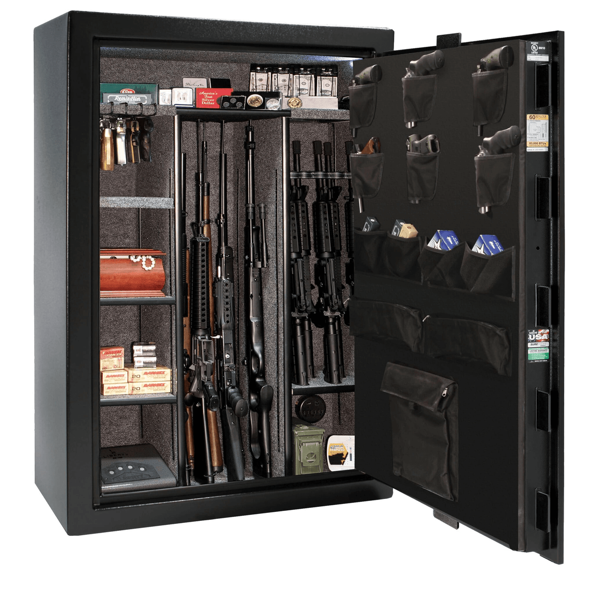 Liberty Fatboy Jr. gun safe in a black finish, door open, highlighting a large-capacity interior with adjustable shelving and door panel pouches.