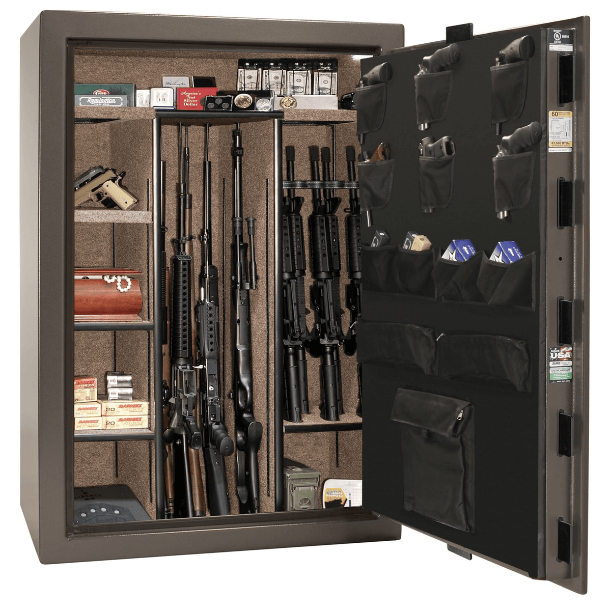 Liberty Fatboy Jr. gun safe in a bronze finish, door open, displaying ample interior space with racks, door pockets, and flexible storage.