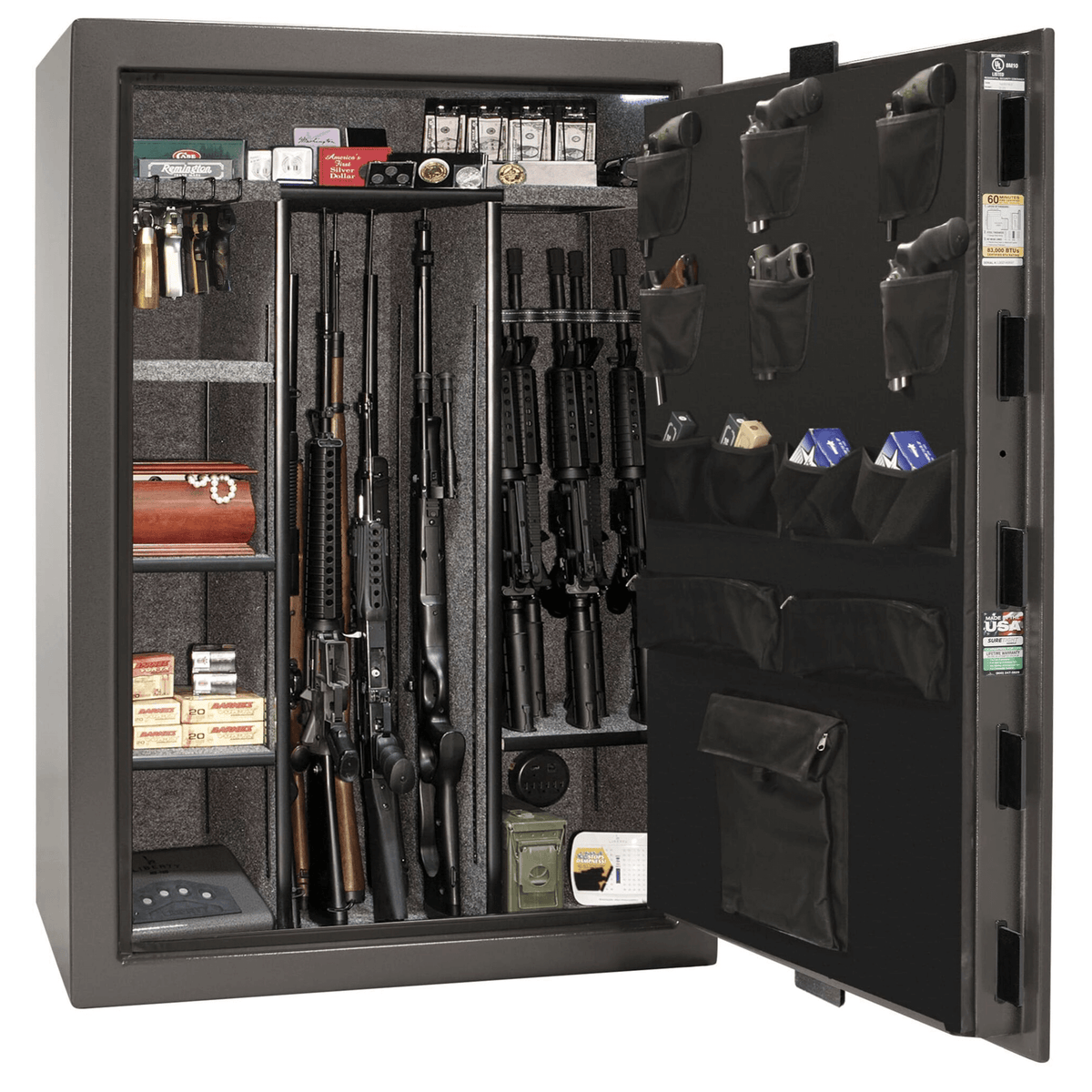 Liberty Fatboy Jr. gun safe in a gray marble finish, door open, revealing a wide-body interior with adjustable shelving and door organizer.