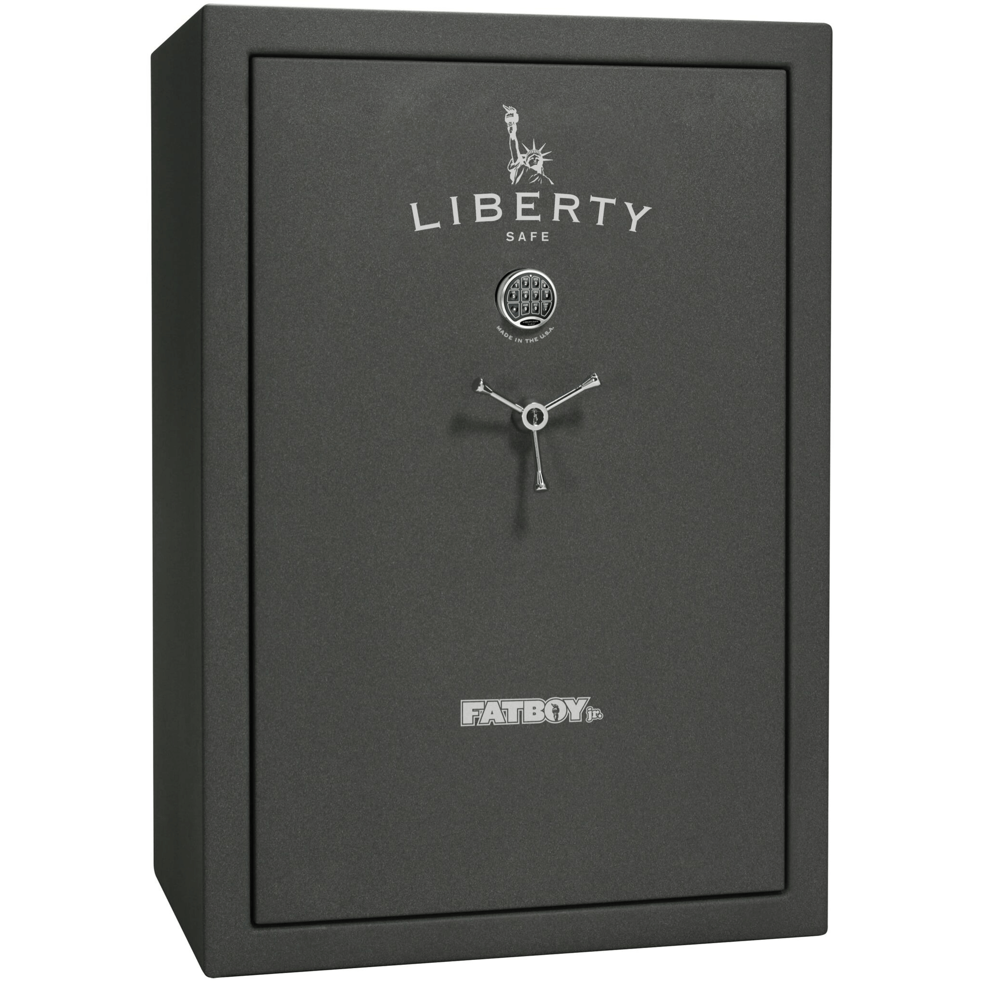 Liberty Fatboy Jr. gun safe in a granite finish, door closed, demonstrating a wide-body exterior and advanced security features.