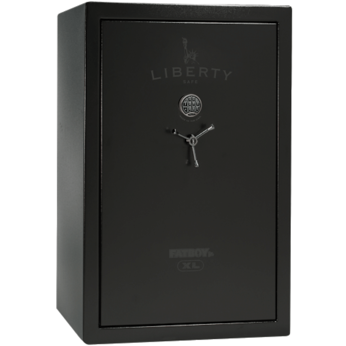 Liberty Fatboy XL gun safe in a black finish, door closed, featuring a wide-body design for high-capacity firearm and valuables storage.