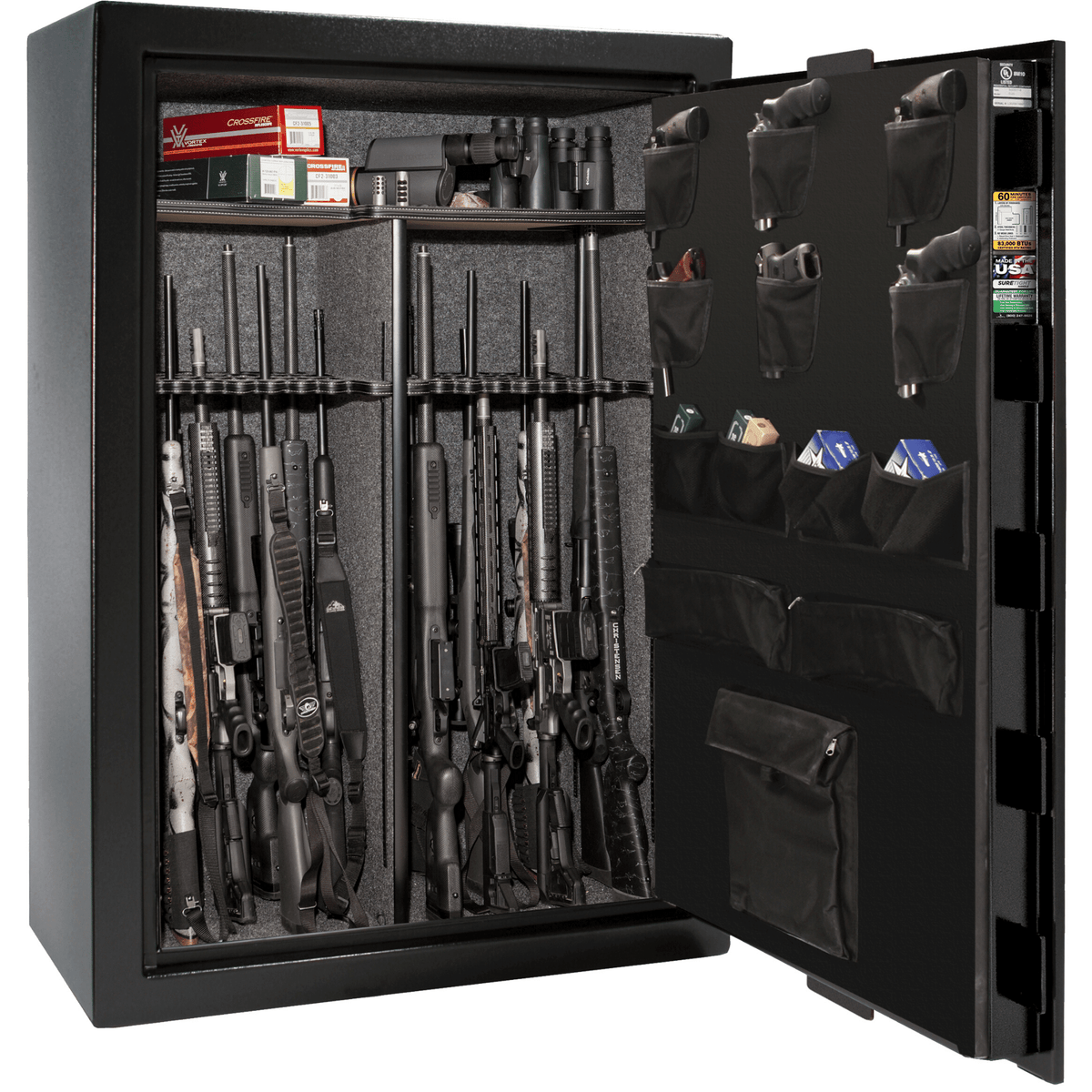 Liberty Fatboy XL gun safe with a black finish, door open, showcasing an expansive interior for rifles, gear, and valuables.