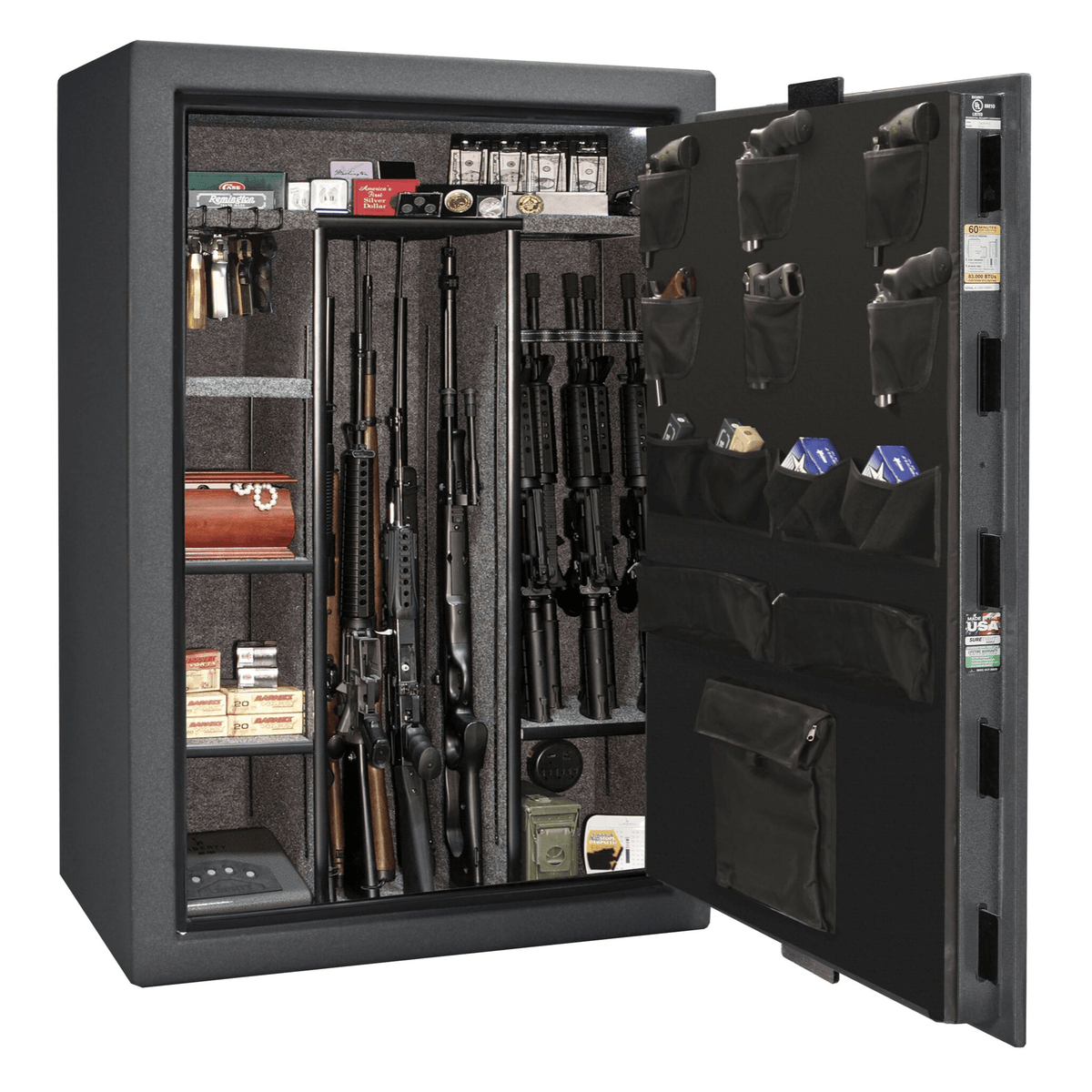 Liberty Fatboy Jr. gun safe in a granite finish, door open, showing multiple firearms and accessories neatly stored on adjustable shelves.