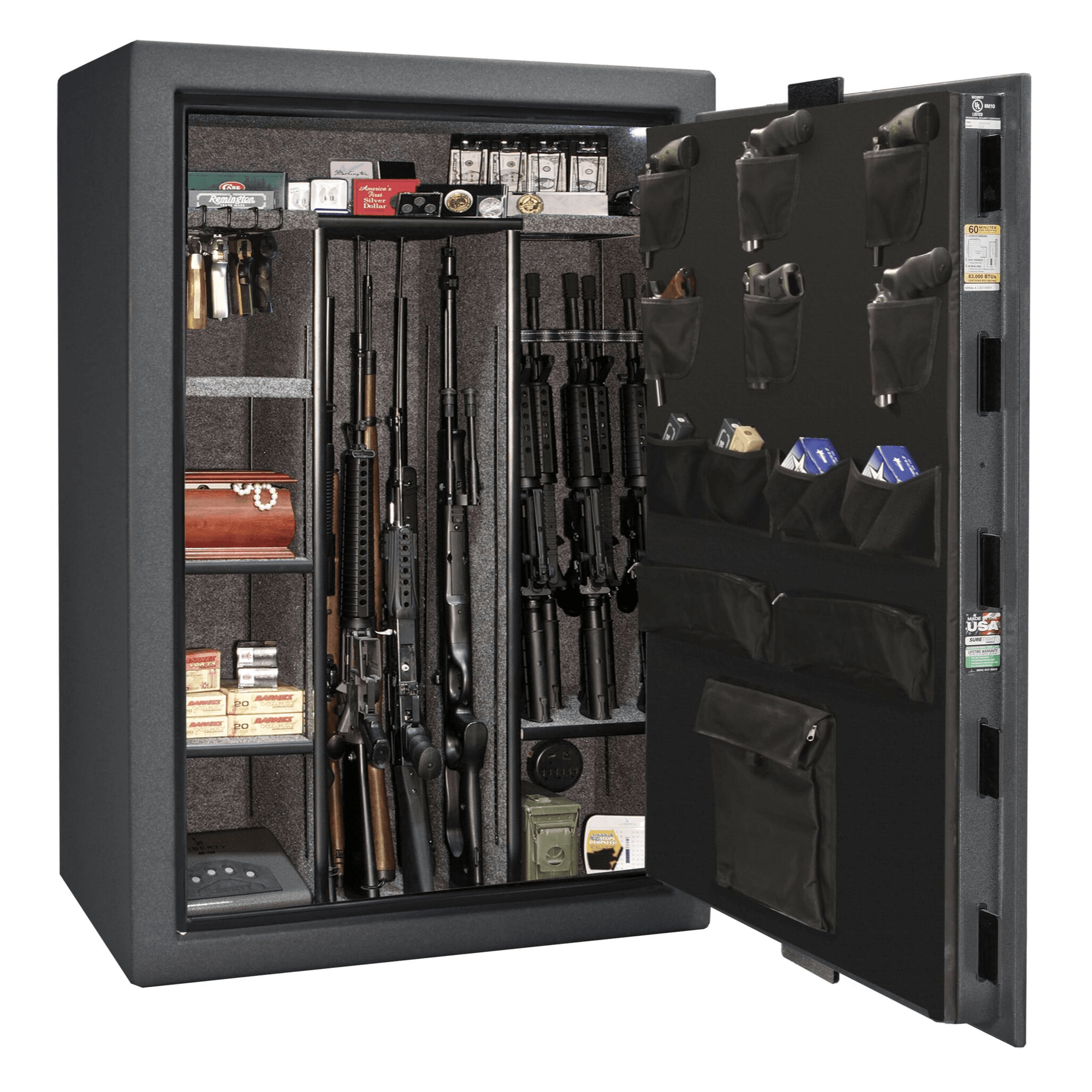 Liberty Fatboy Jr. gun safe in a granite finish, door closed, demonstrating a wide-body exterior and advanced security features.