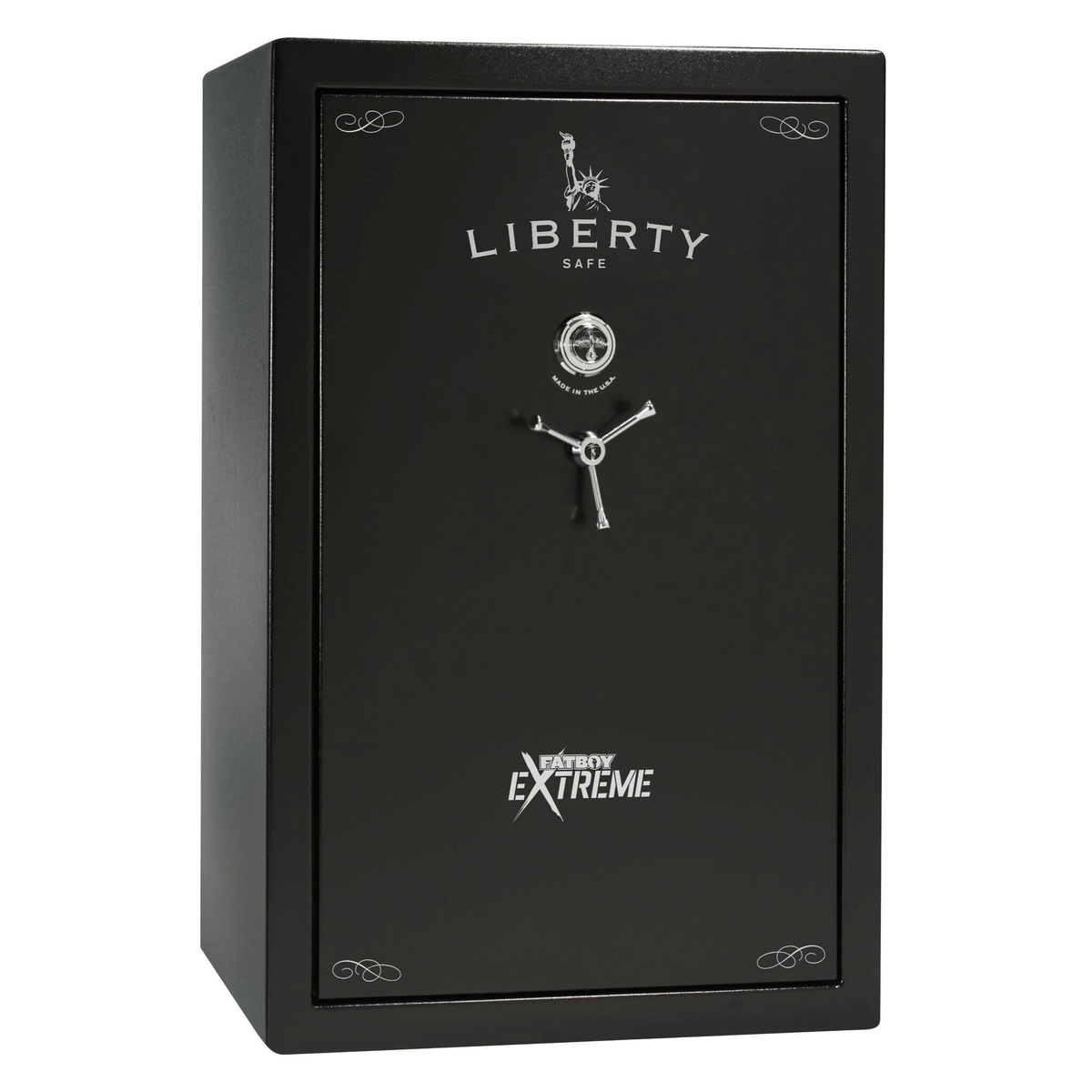 Liberty Fatboy Extreme gun safe in black finish, door closed, illustrating a wide-body safe engineered for advanced fire and theft protection.