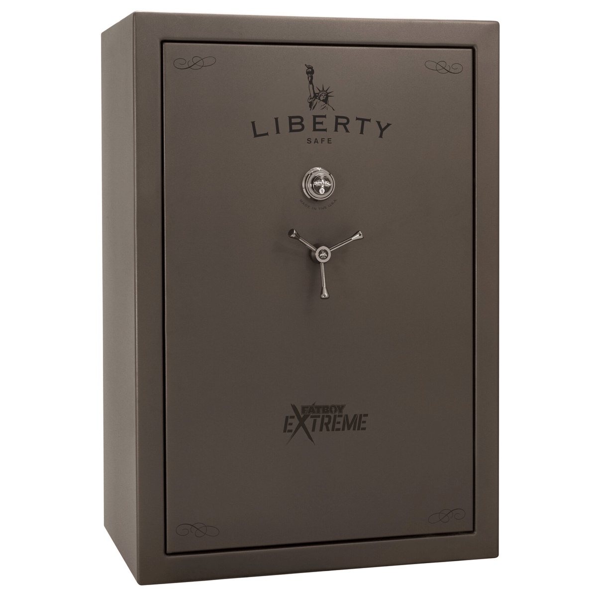 Liberty Fatboy Extreme gun safe in bronze finish, door closed, equipped with a mechanical lock and wide frame for maximum firearm storage.