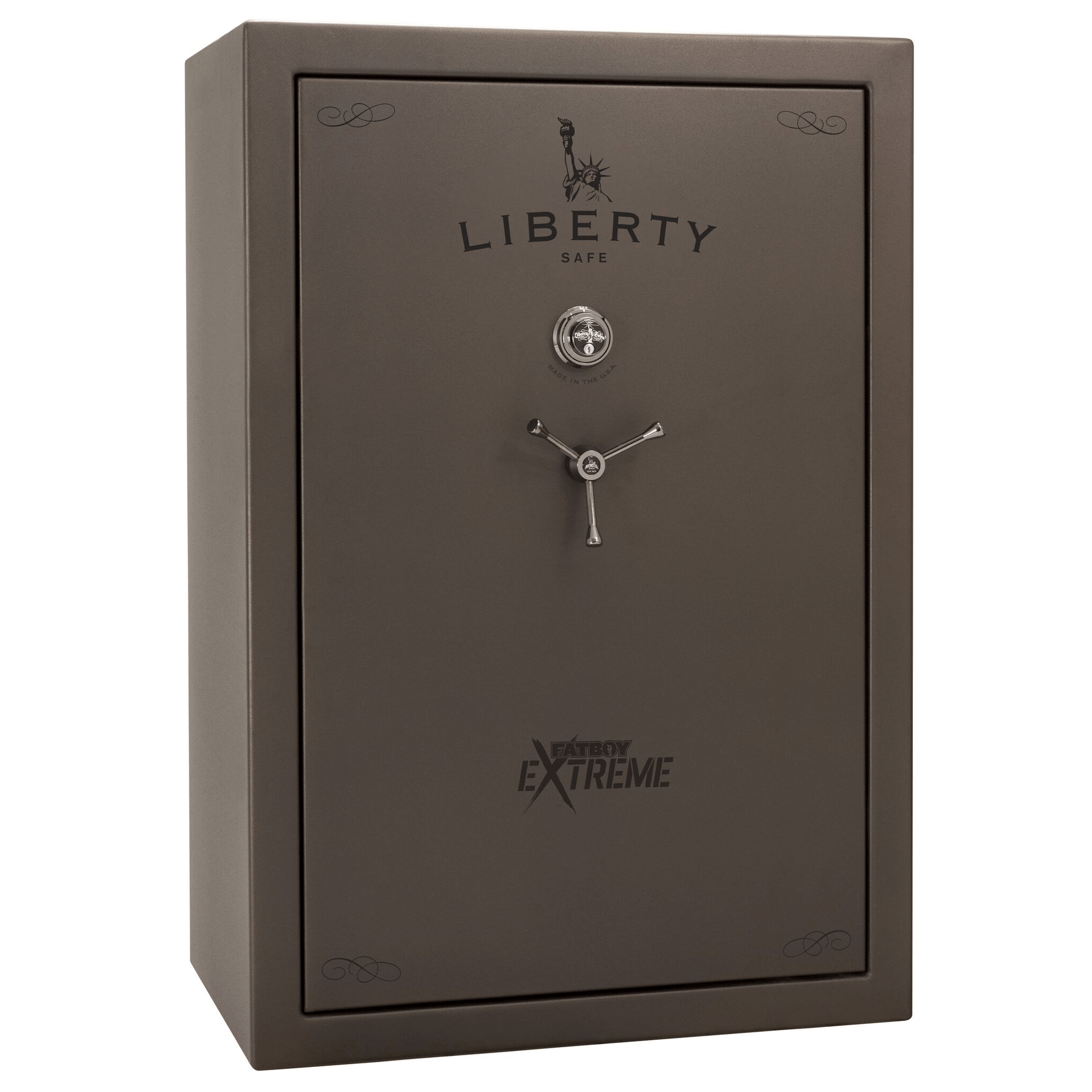 Liberty Fatboy Extreme gun safe in bronze finish, door closed, equipped with a mechanical lock and wide frame for maximum firearm storage.