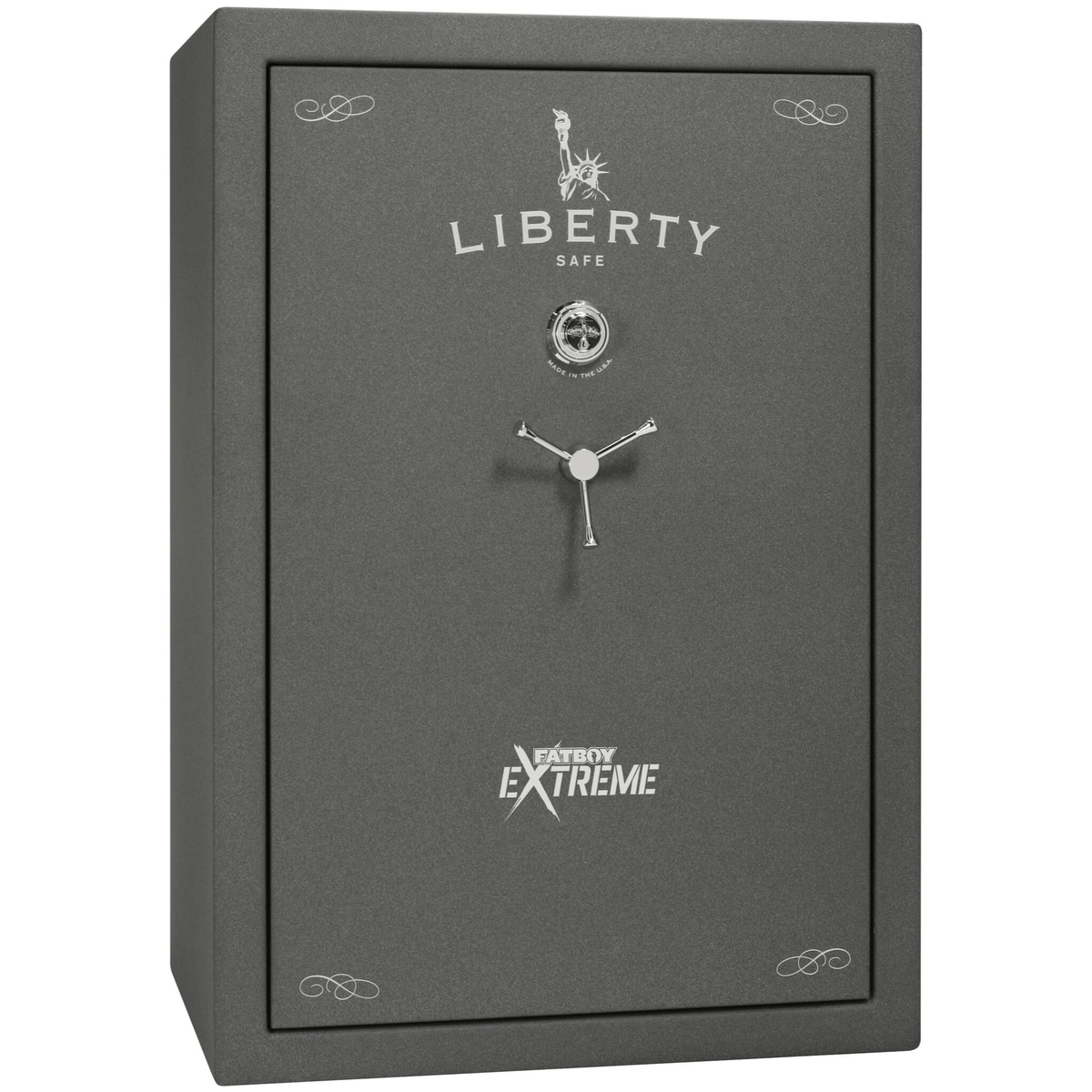 Liberty Fatboy Extreme gun safe in granite finish, door closed, underscoring a durable steel body and expansive storage for up to 64 long guns.