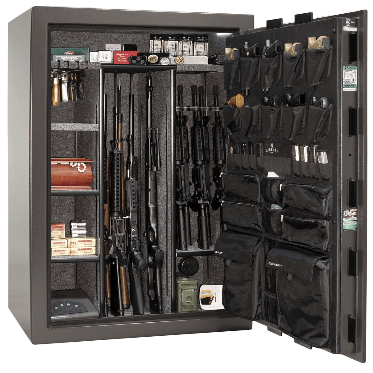Liberty Fatboy Extreme gun safe in gray marble finish, door open, revealing a wide interior and door organizer for up to 64 firearms.
