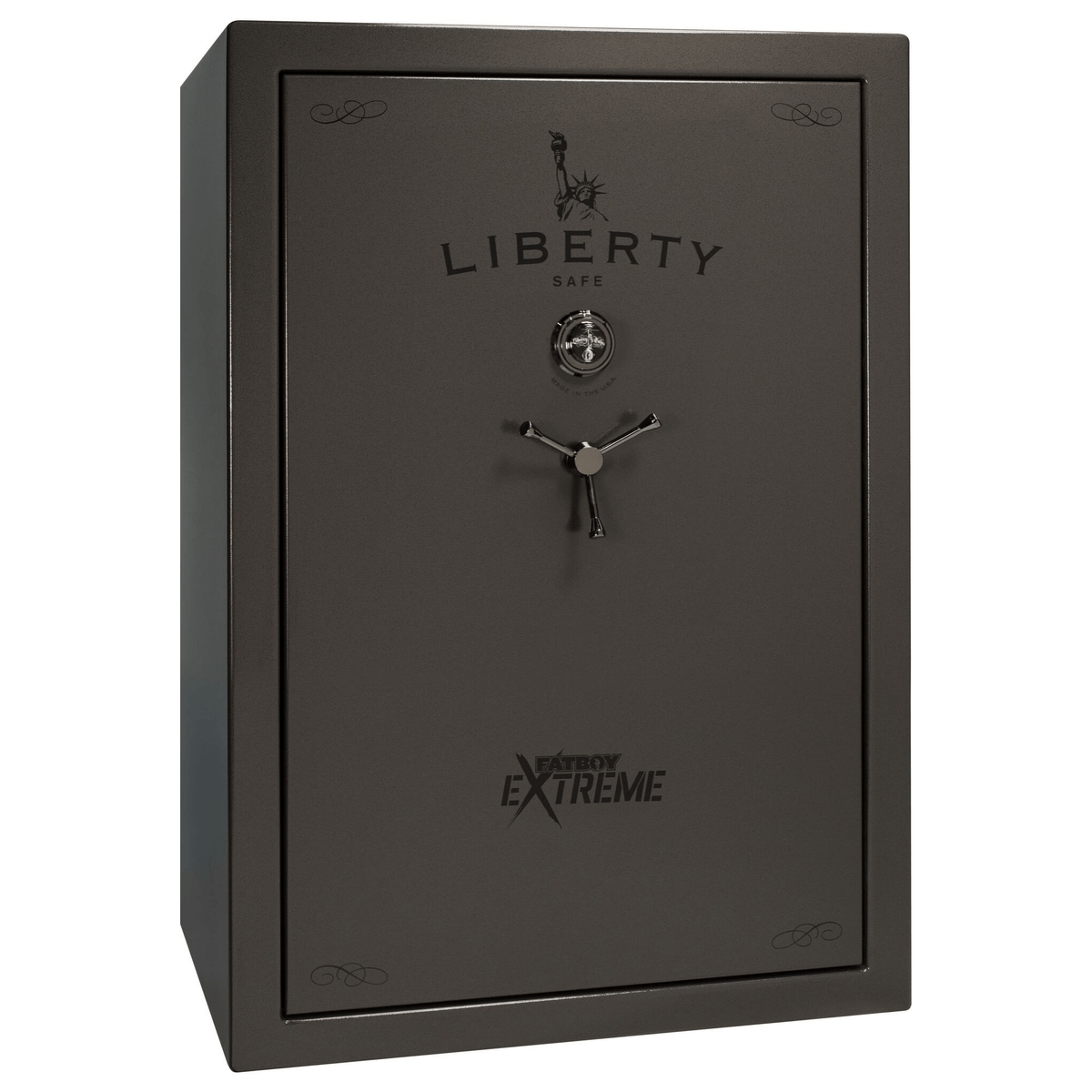 Liberty Fatboy Extreme gun safe in gray marble finish, door closed, featuring a wide-body design and advanced security for large collections.