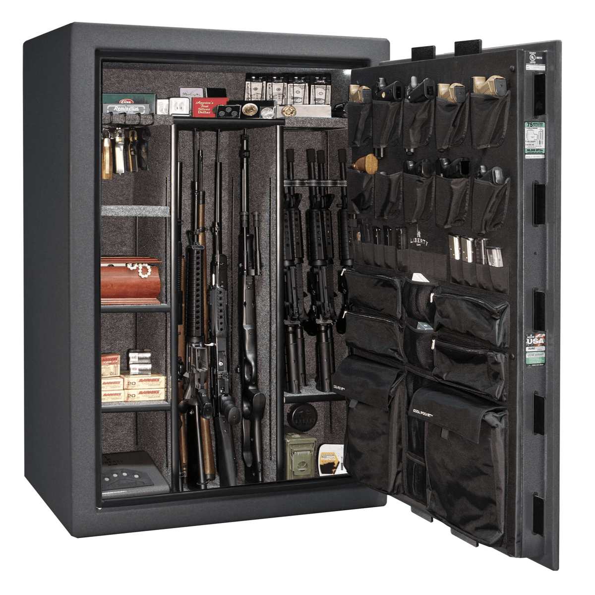 Liberty Fatboy Extreme gun safe in granite finish, door open, displaying adjustable shelving and ample space for a high-capacity arsenal.