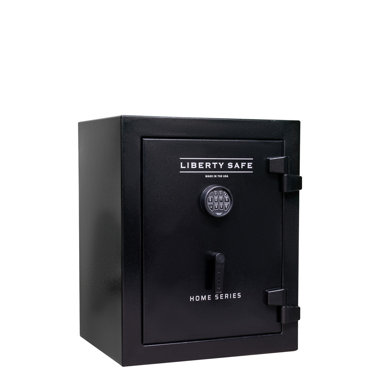 Liberty Home 8 safe in black finish, door closed, featuring a small footprint and level 2 security for discreet home storage.