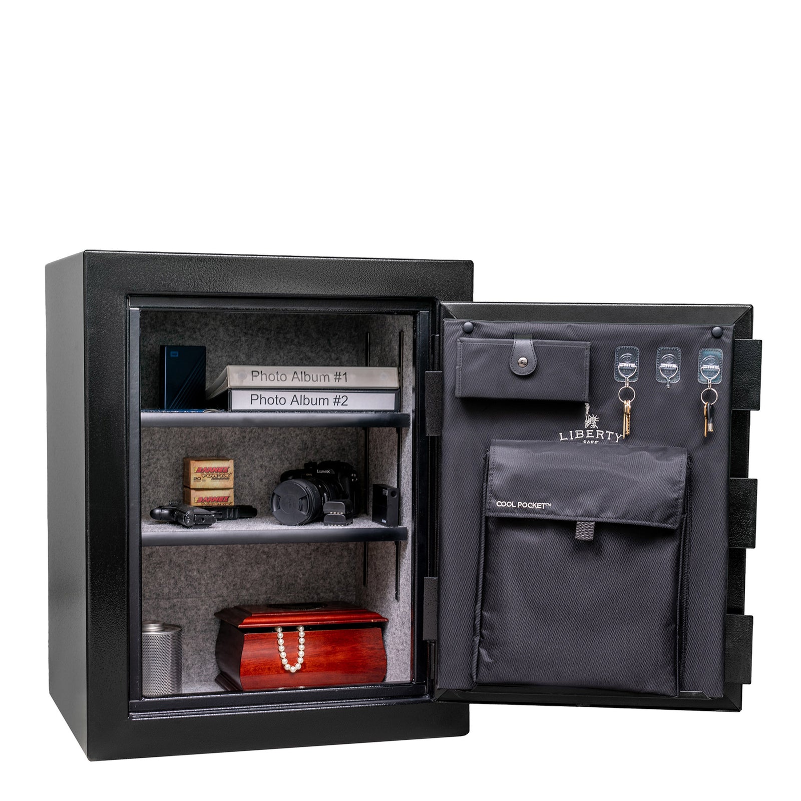 Liberty Home 8 safe in black finish, door closed, featuring a small footprint and level 2 security for discreet home storage.