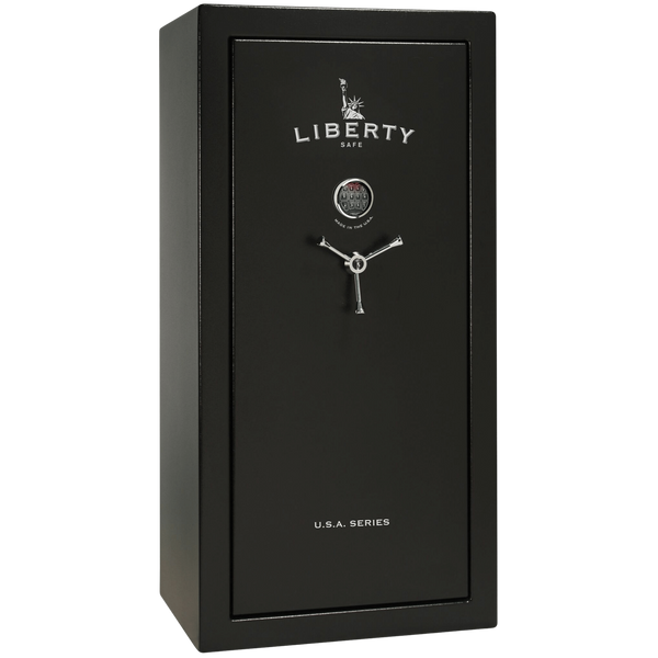 Liberty USA 30 gun safe in black finish, door closed, showcasing a compact yet sturdy design for up to 30 long guns.