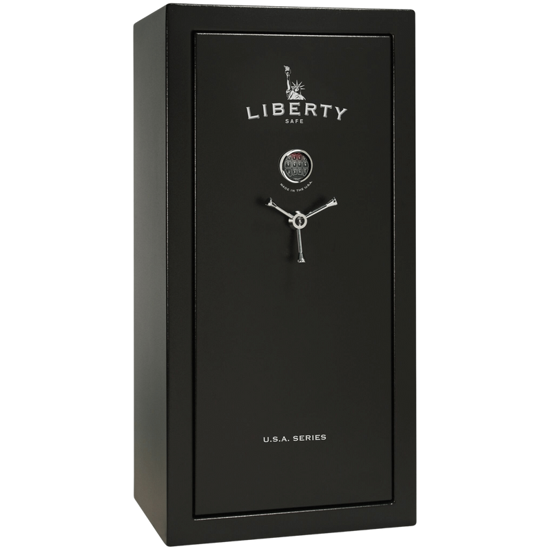 Liberty USA 30 gun safe in black finish, door closed, showcasing a compact yet sturdy design for up to 30 long guns.