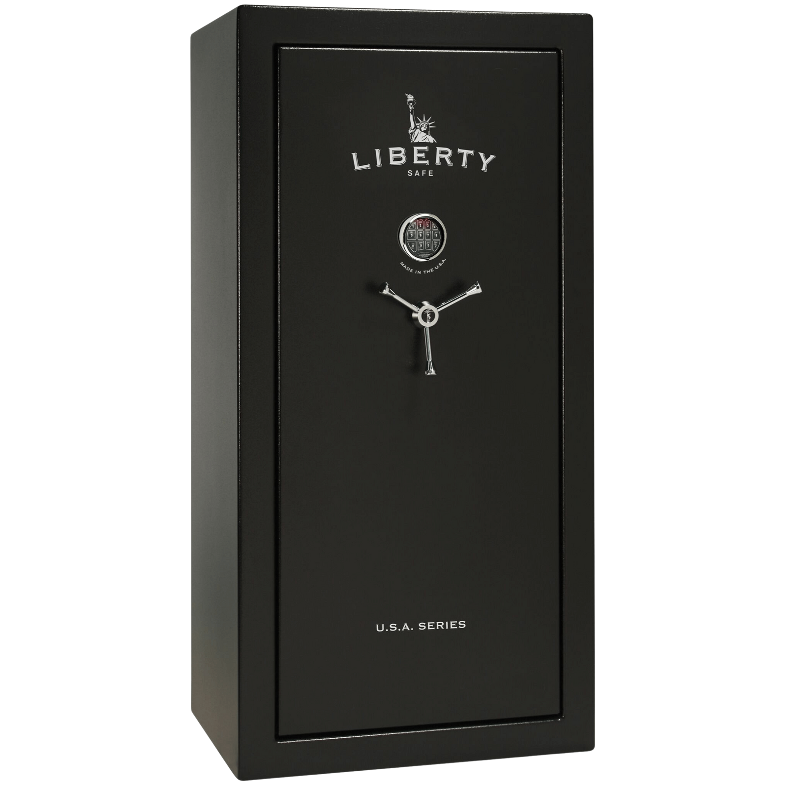 Liberty USA 30 gun safe in black finish, door closed, showcasing a compact yet sturdy design for up to 30 long guns.