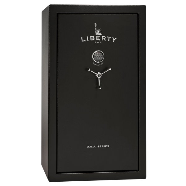 Liberty USA 36 gun safe, door closed, highlighting a mid-sized, level 3 security safe for larger firearm collections.