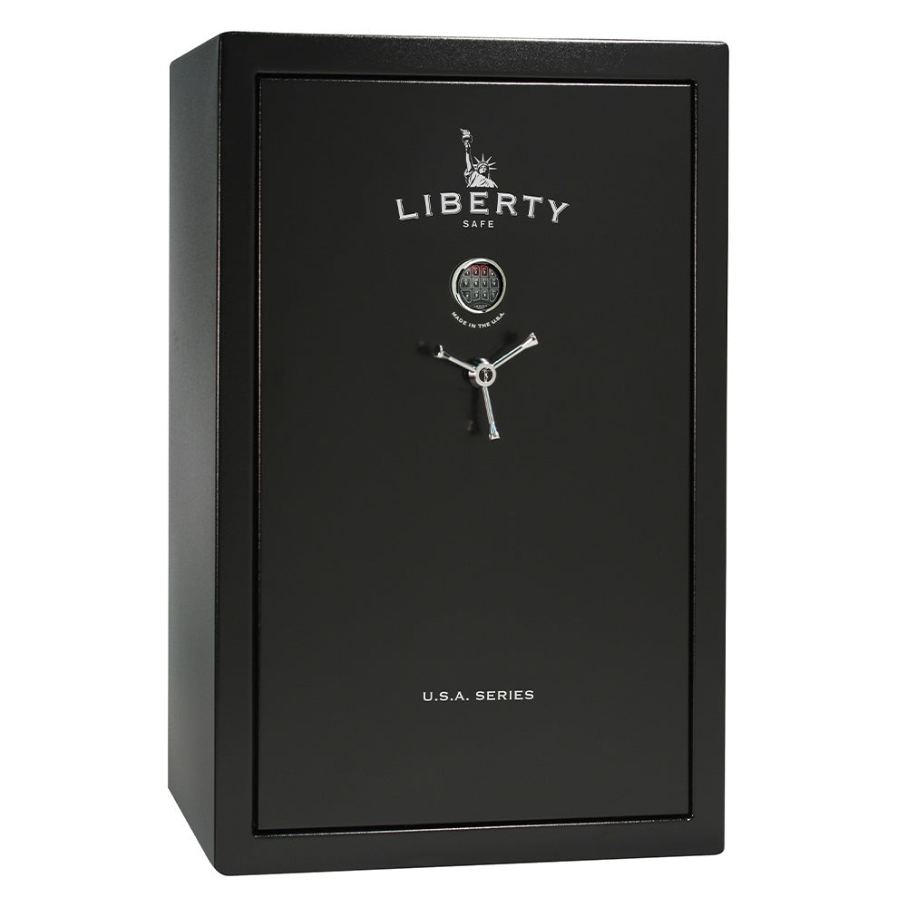Liberty USA 50 gun safe, door closed, demonstrating the largest model in the series for extensive firearm collections.