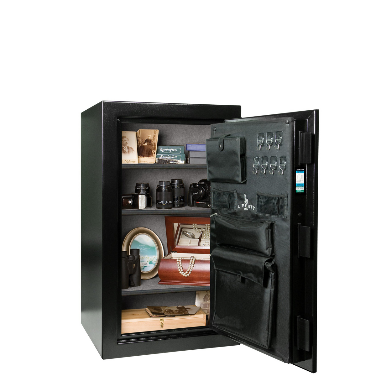 Liberty Home 12 safe in black finish, door closed, showcasing a taller profile and advanced fire protection for personal home security.