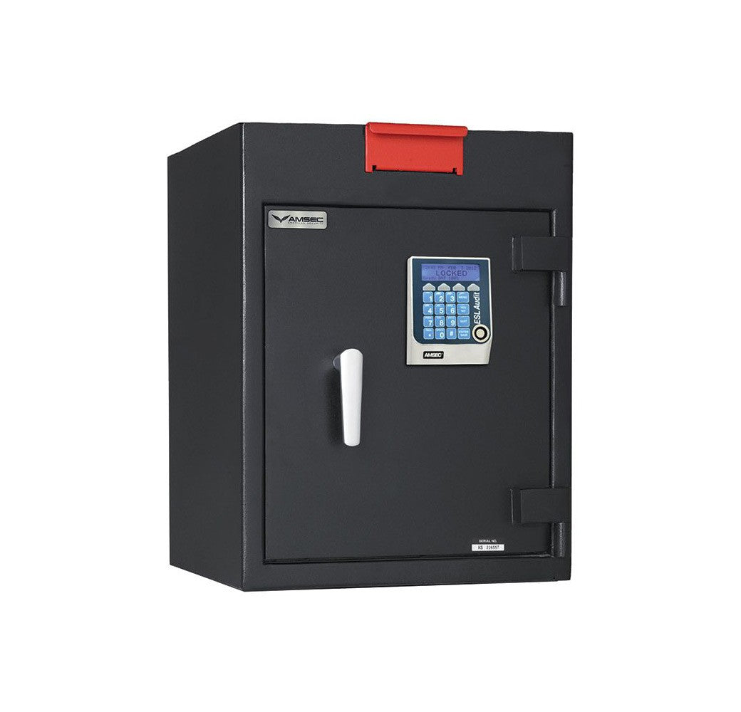 AMSEC RMM Money Manager safe with electronic keypad lock, convenient deposit slot, and sturdy black construction ideal for cash management.