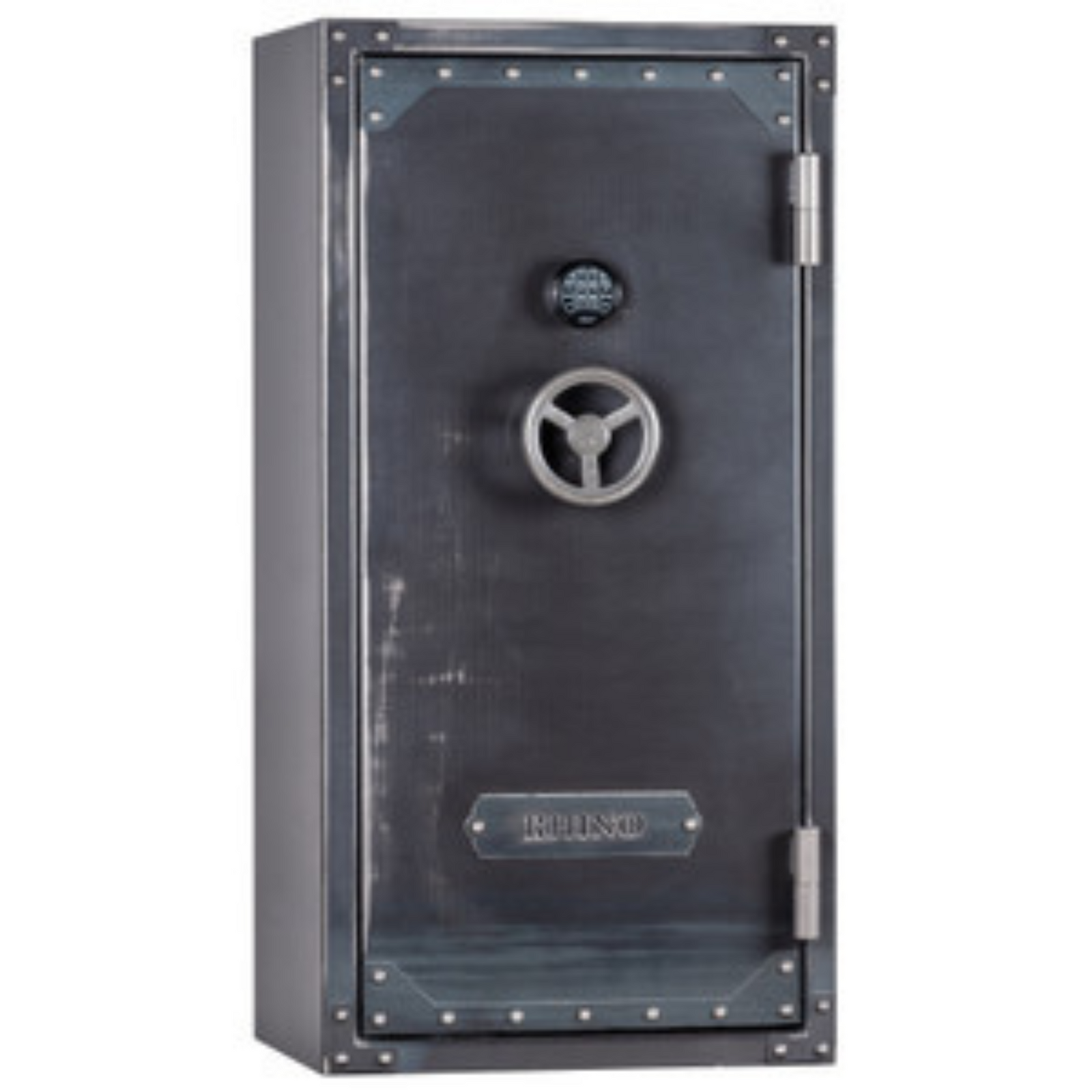 Rhino Metals Raptor 6030 gun safe closed, featuring SafeX® anti-pry technology and a rugged Ironworks finish.