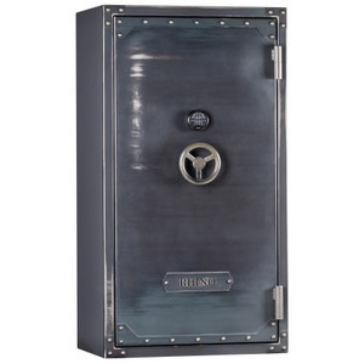 Rhino Metals Raptor 6636 gun safe closed, highlighting a sturdy 12-gauge steel body and SafeX® security system.