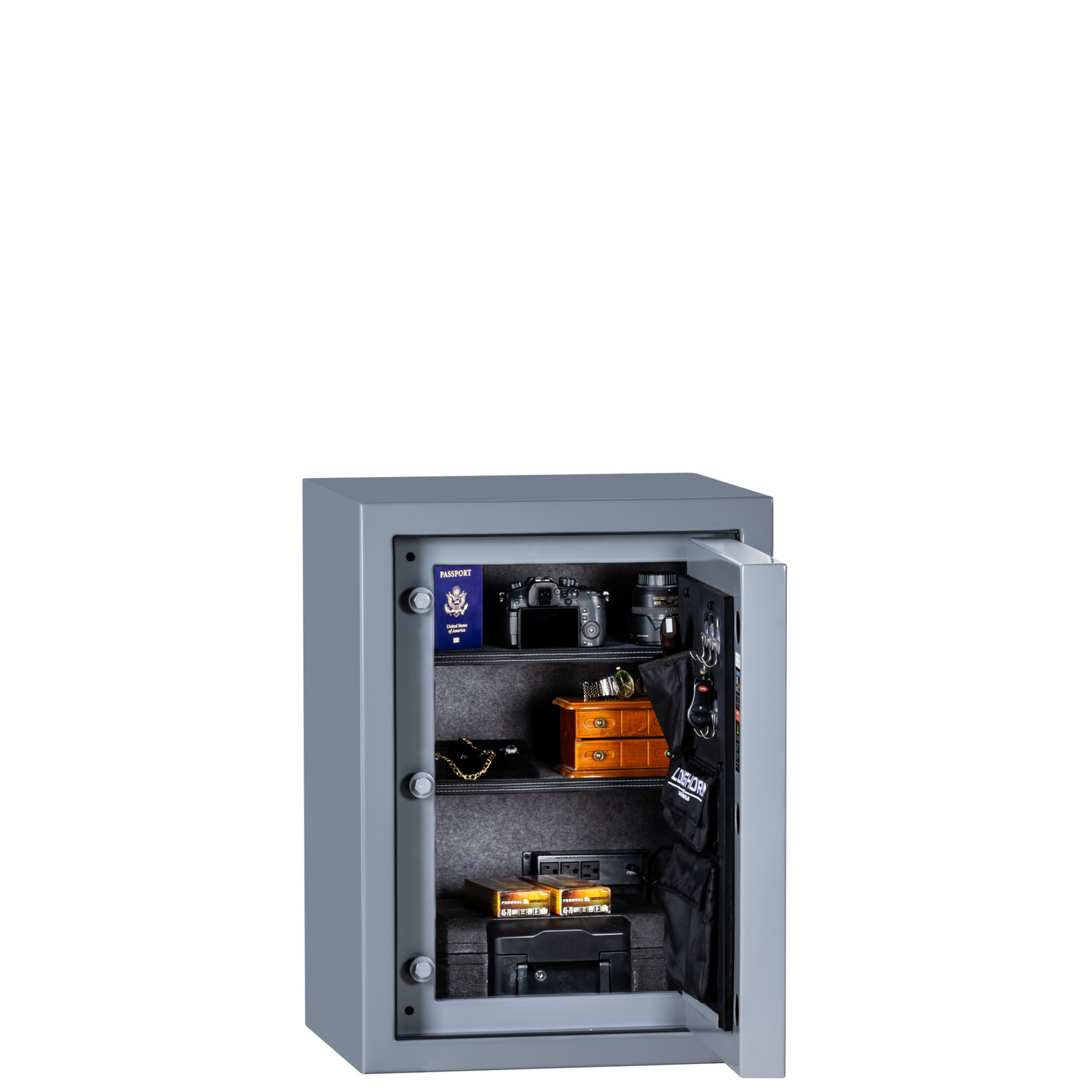 Rhino Longhorn LGX3022 safe in a gray gloss finish, door closed, featuring compact yet robust protection for home and office security needs.