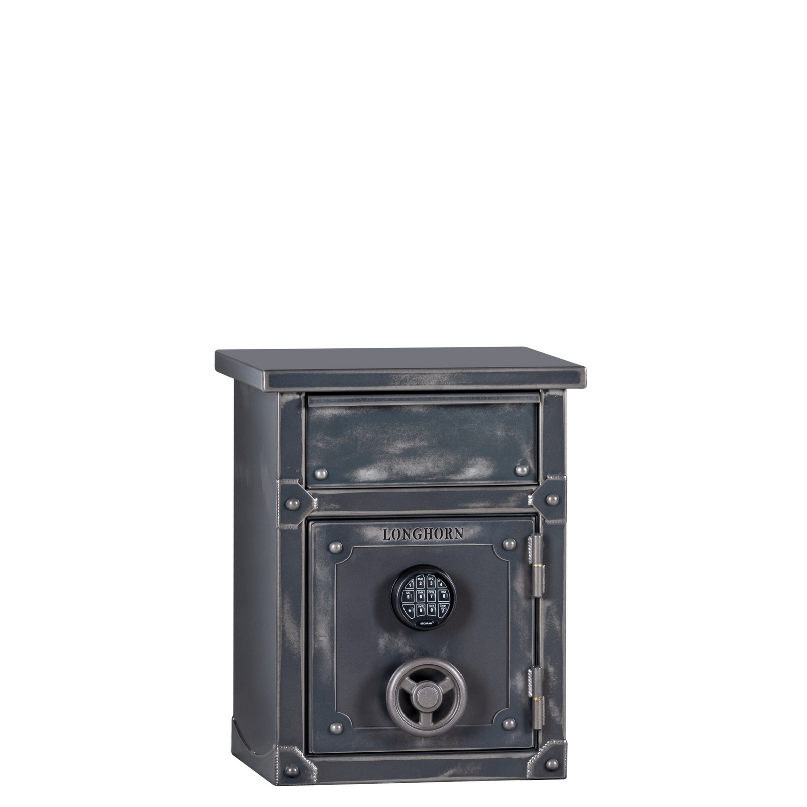 Rhino Longhorn LNX2620 home safe with an antiqued metal finish, door closed, featuring a compact nightstand design and top drawer.