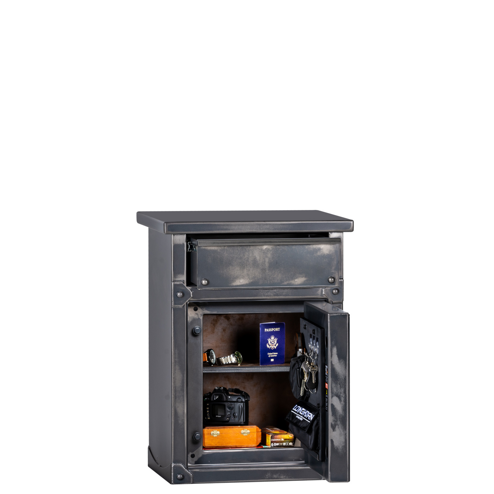 Rhino Longhorn LNX2620 home safe with an antiqued metal finish, door closed, featuring a compact nightstand design and top drawer.