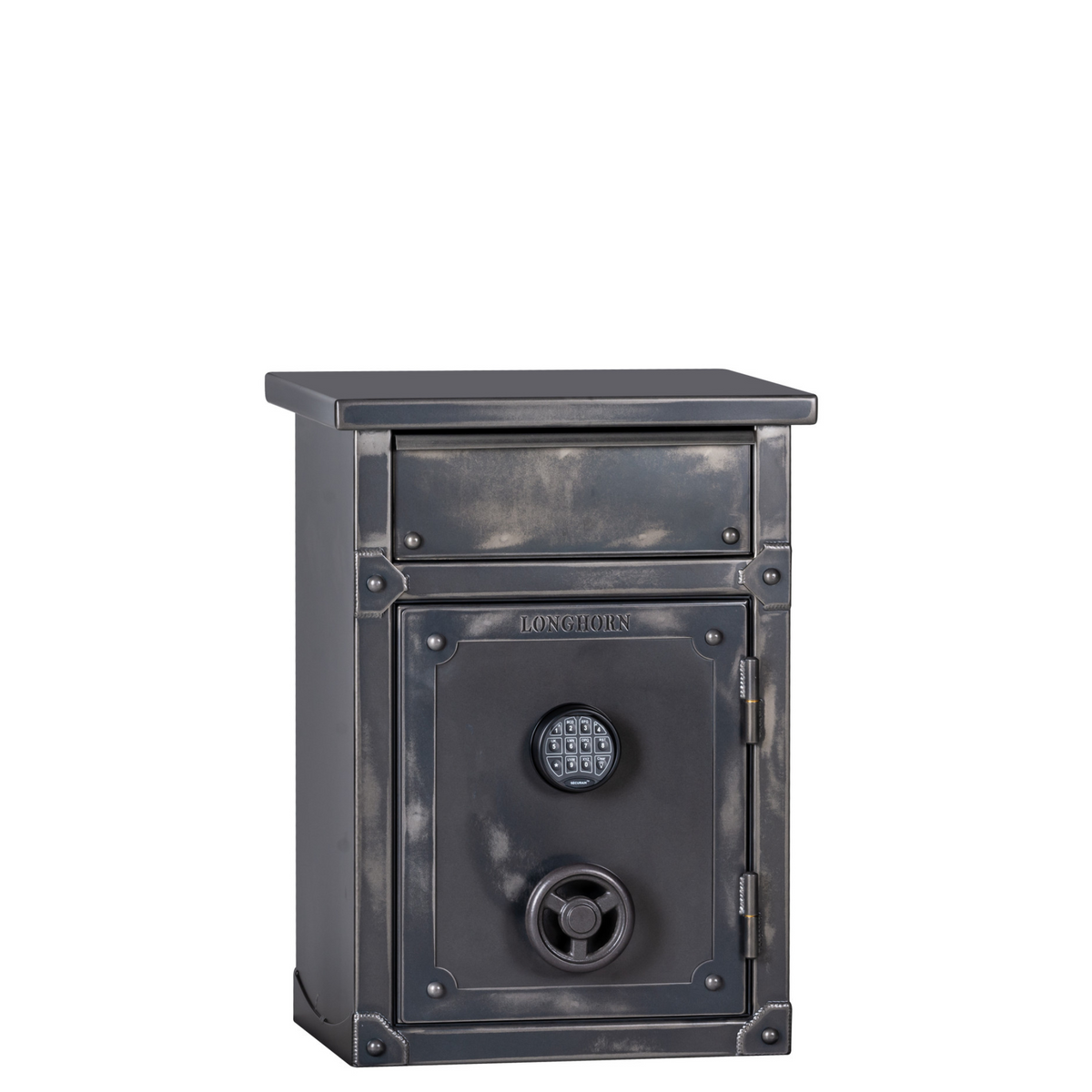 Rhino Longhorn LNX3022 home safe with an antiqued metal finish, door closed, showcasing a taller nightstand-style design for home security.