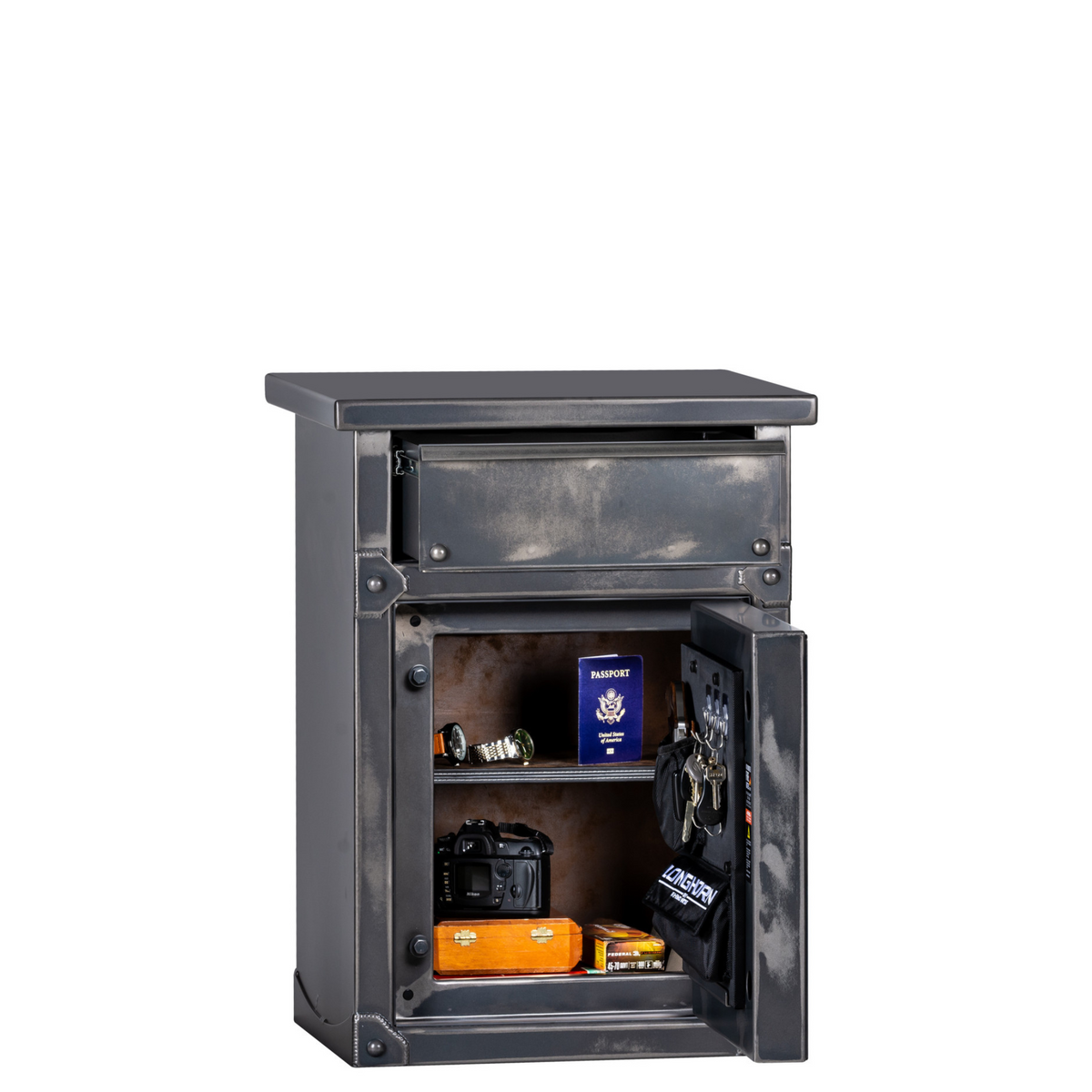 Rhino Longhorn LNX3022 home safe, door open, highlighting a spacious interior, adjustable shelf, and convenient top drawer for valuables.