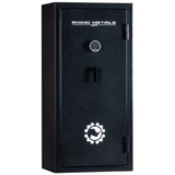 Rhino Metals Falcon 6028 gun safe closed in black textured finish, highlighting 14-gauge steel and SafeX® anti-pry technology.