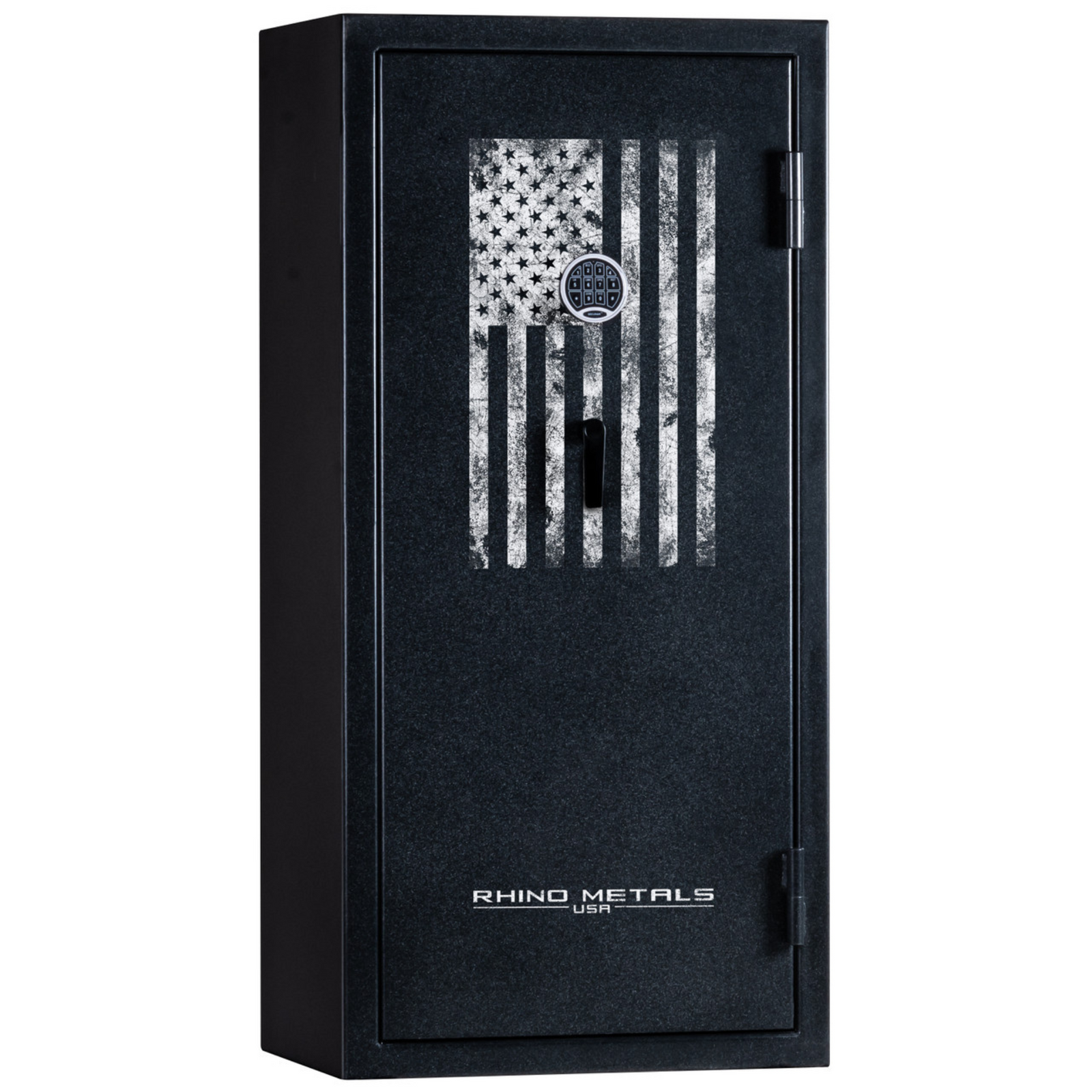 Rhino Metals Falcon 6028 gun safe closed with a Distressed Flag design, featuring SafeX® anti-pry and a 40-minute fire rating.