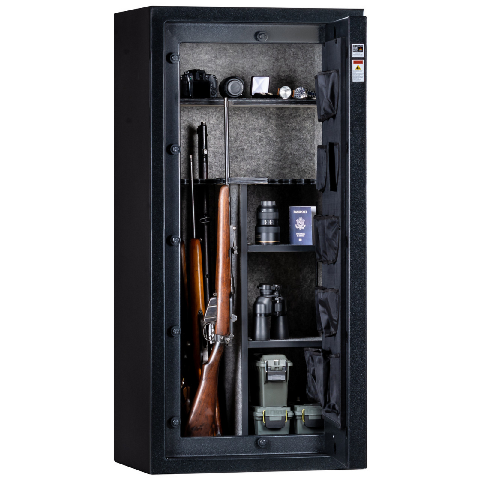 Rhino Metals Falcon 6028 gun safe closed with a Distressed Flag design, featuring SafeX® anti-pry and a 40-minute fire rating.
