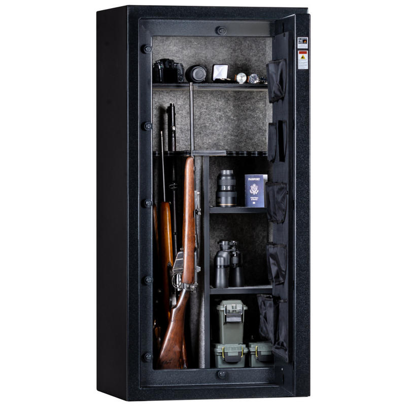 Rhino Metals Falcon 6028 gun safe open, showing a fully upholstered interior with rifle storage and door organizer.