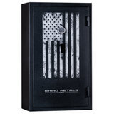 Rhino Metals Falcon 6033 gun safe closed with a Distressed Flag exterior, offering 40-minute fire protection.