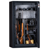 Rhino Metals Falcon 6036 gun safe open, revealing fully upholstered heather interior and ample long-gun capacity.