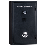 Rhino Metals Falcon 6033 gun safe closed, black powder-coat finish, featuring CA DOJ compliance and SafeX® anti-pry system.
