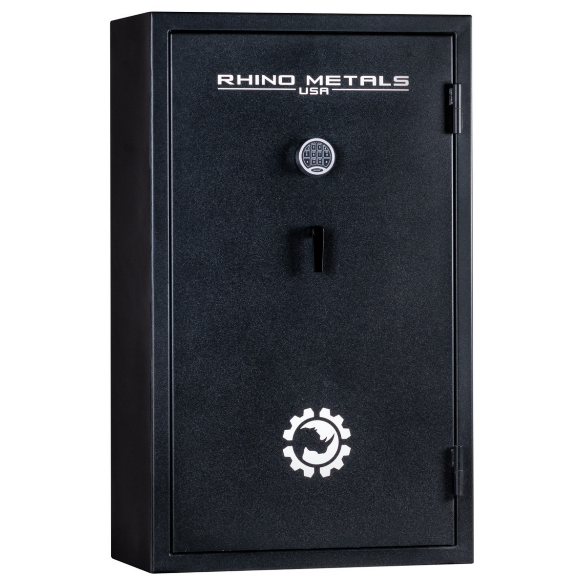 Rhino Metals Falcon 6036 gun safe closed, black textured exterior with SafeX® anti-pry security and 40-minute fire rating.