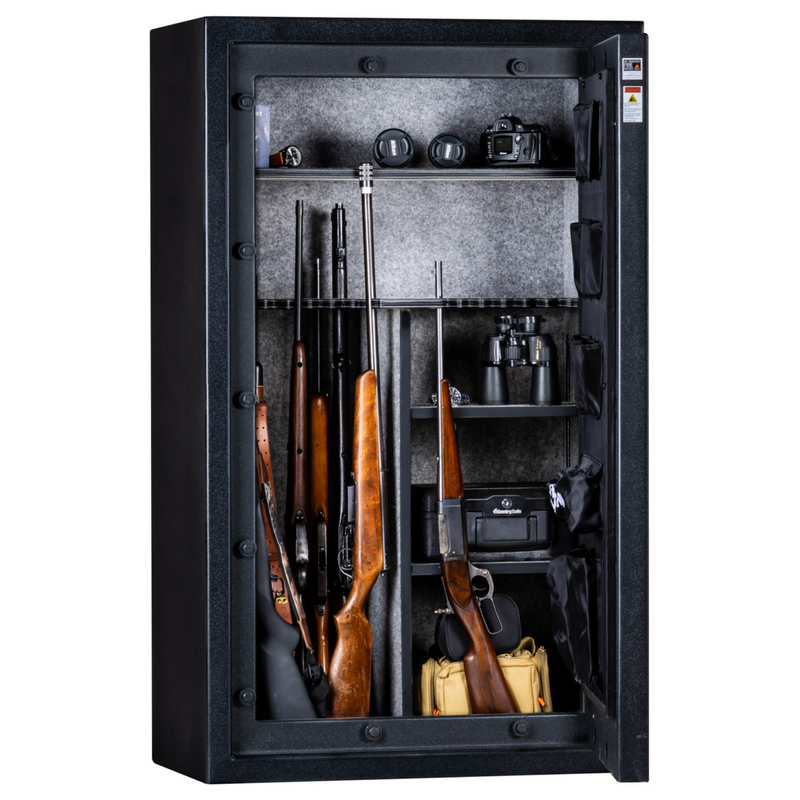 Rhino Metals Falcon 6036 gun safe open, Distressed Flag door swung 180°, showcasing adjustable shelves and a deluxe door organizer.