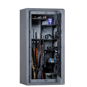Rhino Metals Raptor 6033 gun safe interior showing adjustable shelves and a fully upholstered design for secure firearm storage.